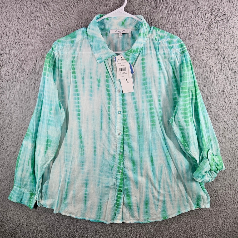 Foxcroft NYC Zoey Tie Dye Shirt Womens 14 Turquoise Tide Cotton Roll Tab Slv NEW